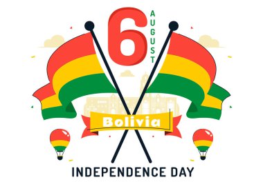 Bolivya Bağımsızlık Günü Vektör İlülasyonu, 6 Ağustos 'ta Düz Arkaplanlı Ulusal Bayram Sahnesinde Dalgalanan Bayrak ve Kurdele