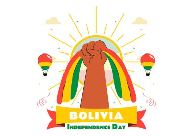 Bolivya Bağımsızlık Günü Vektör İlülasyonu, 6 Ağustos 'ta Düz Arkaplanlı Ulusal Bayram Sahnesinde Dalgalanan Bayrak ve Kurdele