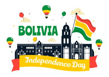 Bolivya Bağımsızlık Günü Vektör İlülasyonu, 6 Ağustos 'ta Düz Arkaplanlı Ulusal Bayram Sahnesinde Dalgalanan Bayrak ve Kurdele