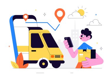 Arkaplandaki Karton Paket Kutularındaki Yiyecek veya Belgeler Gibi Malzemeleri Getiren İşçilerin Kurye veya Teslimat Hizmeti Vektörü Resimleri