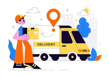 Arkaplandaki Karton Paket Kutularındaki Yiyecek veya Belgeler Gibi Malzemeleri Getiren İşçilerin Kurye veya Teslimat Hizmeti Vektörü Resimleri