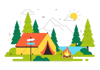 Bir Dağ ya da Orman Keşif, Seyahat, Keşif ve Açık Hava Gezisi Arkaplanını konu alan Mutlu Yaz Kamp Vektörü Resimleri