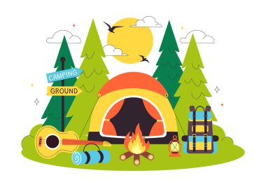 Bir Dağ ya da Orman Keşif, Seyahat, Keşif ve Açık Hava Gezisi Arkaplanını konu alan Mutlu Yaz Kamp Vektörü Resimleri