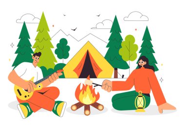 Bir Dağ ya da Orman Keşif, Seyahat, Keşif ve Açık Hava Gezisi Arkaplanını konu alan Mutlu Yaz Kamp Vektörü Resimleri