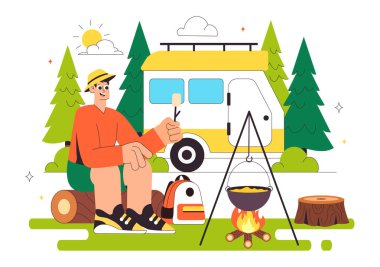 Bir Dağ ya da Orman Keşif, Seyahat, Keşif ve Açık Hava Gezisi Arkaplanını konu alan Mutlu Yaz Kamp Vektörü Resimleri