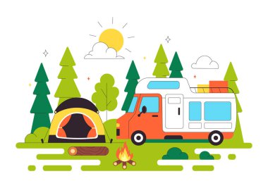 Bir Dağ ya da Orman Keşif, Seyahat, Keşif ve Açık Hava Gezisi Arkaplanını konu alan Mutlu Yaz Kamp Vektörü Resimleri