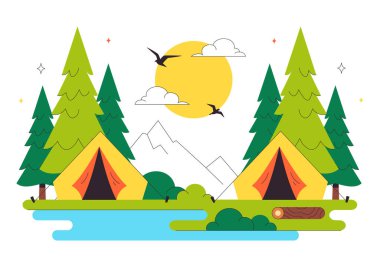 Bir Dağ ya da Orman Keşif, Seyahat, Keşif ve Açık Hava Gezisi Arkaplanını konu alan Mutlu Yaz Kamp Vektörü Resimleri