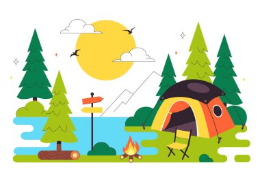 Bir Dağ ya da Orman Keşif, Seyahat, Keşif ve Açık Hava Gezisi Arkaplanını konu alan Mutlu Yaz Kamp Vektörü Resimleri