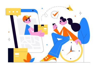 Arkaplandaki Karton Paket Kutularındaki Yiyecek veya Belgeler Gibi Malzemeleri Getiren İşçilerin Kurye veya Teslimat Hizmeti Vektörü Resimleri