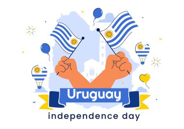Ulusal Bayram Düz Arkaplanda Dalgalanan Bayrak ve Kurdeleyle 25 Ağustos 'ta Uruguay Bağımsızlık Günü Vektör İllüzyonu