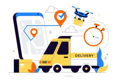 Arkaplandaki Karton Paket Kutularındaki Yiyecek veya Belgeler Gibi Malzemeleri Getiren İşçilerin Kurye veya Teslimat Hizmeti Vektörü Resimleri