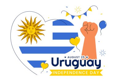 Ulusal Bayram Düz Arkaplanda Dalgalanan Bayrak ve Kurdeleyle 25 Ağustos 'ta Uruguay Bağımsızlık Günü Vektör İllüzyonu