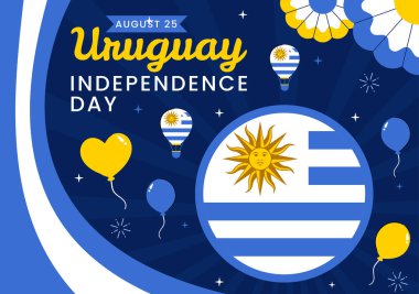 Ulusal Bayram Düz Arkaplanda Dalgalanan Bayrak ve Kurdeleyle 25 Ağustos 'ta Uruguay Bağımsızlık Günü Vektör İllüzyonu