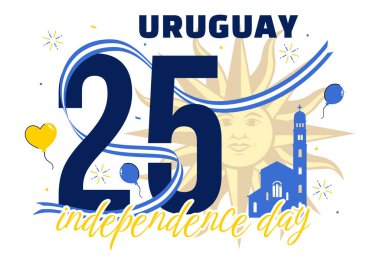Ulusal Bayram Düz Arkaplanda Dalgalanan Bayrak ve Kurdeleyle 25 Ağustos 'ta Uruguay Bağımsızlık Günü Vektör İllüzyonu