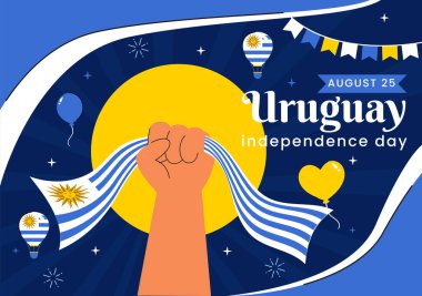 Ulusal Bayram Düz Arkaplanda Dalgalanan Bayrak ve Kurdeleyle 25 Ağustos 'ta Uruguay Bağımsızlık Günü Vektör İllüzyonu