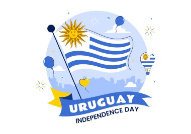 Ulusal Bayram Düz Arkaplanda Dalgalanan Bayrak ve Kurdeleyle 25 Ağustos 'ta Uruguay Bağımsızlık Günü Vektör İllüzyonu