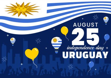 Ulusal Bayram Düz Arkaplanda Dalgalanan Bayrak ve Kurdeleyle 25 Ağustos 'ta Uruguay Bağımsızlık Günü Vektör İllüzyonu