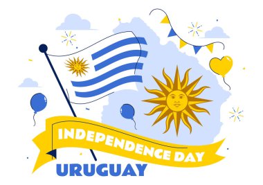 Ulusal Bayram Düz Arkaplanda Dalgalanan Bayrak ve Kurdeleyle 25 Ağustos 'ta Uruguay Bağımsızlık Günü Vektör İllüzyonu
