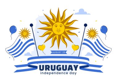 Ulusal Bayram Düz Arkaplanda Dalgalanan Bayrak ve Kurdeleyle 25 Ağustos 'ta Uruguay Bağımsızlık Günü Vektör İllüzyonu