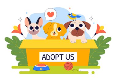 Hayvan Evlat Edindirme Ajansı Vektör İllüstrasyonunda Kediler ve Köpekleri Düz Tarzlı Karikatür Arkaplanındaki Bir Barınaktan Evcil Hayvan Evlat Edinme