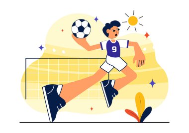 Hentbol Vektör İllüstrasyonunda Topa Dokunan Bir Oyuncu ve Bir Spor Yarışmasında Bir Gol Atan Düz Çizgi Film Arkaplanında