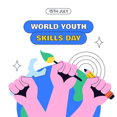 Çizgi film Karakterleri ve Düz Tasarım Arkaplan Resimleriyle Gençlik Yetenekleri Günü Sosyal Postası