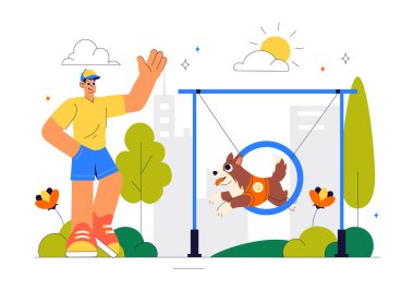 Oyun parkındaki Köpek Eğitim Merkezi Eğitmenle Evcil Hayvanlara Düz Çizgi Film Arkaplanındaki Numaraları ve Çeşitli Atlama Yeteneklerini Öğretmek