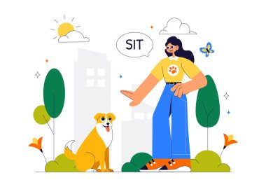 Oyun parkındaki Köpek Eğitim Merkezi Eğitmenle Evcil Hayvanlara Düz Çizgi Film Arkaplanındaki Numaraları ve Çeşitli Atlama Yeteneklerini Öğretmek