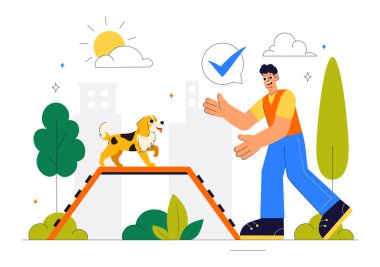 Oyun parkındaki Köpek Eğitim Merkezi Eğitmenle Evcil Hayvanlara Düz Çizgi Film Arkaplanındaki Numaraları ve Çeşitli Atlama Yeteneklerini Öğretmek