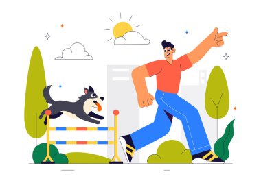 Oyun parkındaki Köpek Eğitim Merkezi Eğitmenle Evcil Hayvanlara Düz Çizgi Film Arkaplanındaki Numaraları ve Çeşitli Atlama Yeteneklerini Öğretmek