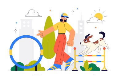 Oyun parkındaki Köpek Eğitim Merkezi Eğitmenle Evcil Hayvanlara Düz Çizgi Film Arkaplanındaki Numaraları ve Çeşitli Atlama Yeteneklerini Öğretmek