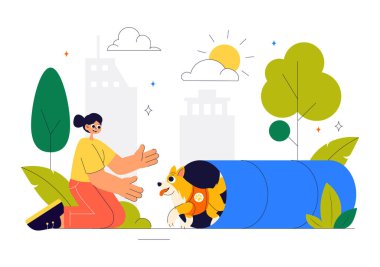 Oyun parkındaki Köpek Eğitim Merkezi Eğitmenle Evcil Hayvanlara Düz Çizgi Film Arkaplanındaki Numaraları ve Çeşitli Atlama Yeteneklerini Öğretmek