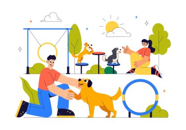 Oyun parkındaki Köpek Eğitim Merkezi Eğitmenle Evcil Hayvanlara Düz Çizgi Film Arkaplanındaki Numaraları ve Çeşitli Atlama Yeteneklerini Öğretmek