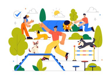 Oyun parkındaki Köpek Eğitim Merkezi Eğitmenle Evcil Hayvanlara Düz Çizgi Film Arkaplanındaki Numaraları ve Çeşitli Atlama Yeteneklerini Öğretmek