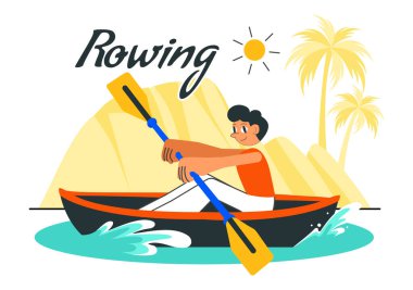 İnsanlar Aktif Su Sporlarının Düz Tarzlı Arkaplanda Bir Parçası Olarak Kanolar ve Bir Nehir veya Göl Üzerinde Yelkenli Resimlerin Zevkini Çıkartıyor