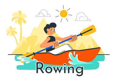 İnsanlar Aktif Su Sporlarının Düz Tarzlı Arkaplanda Bir Parçası Olarak Kanolar ve Bir Nehir veya Göl Üzerinde Yelkenli Resimlerin Zevkini Çıkartıyor