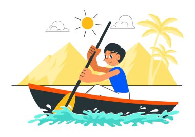 İnsanlar Aktif Su Sporlarının Düz Tarzlı Arkaplanda Bir Parçası Olarak Kanolar ve Bir Nehir veya Göl Üzerinde Yelkenli Resimlerin Zevkini Çıkartıyor