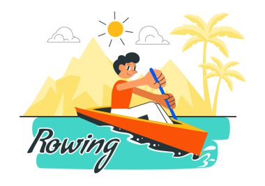 İnsanlar Aktif Su Sporlarının Düz Tarzlı Arkaplanda Bir Parçası Olarak Kanolar ve Bir Nehir veya Göl Üzerinde Yelkenli Resimlerin Zevkini Çıkartıyor