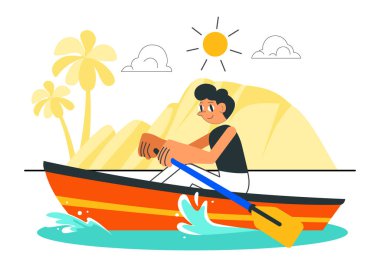 İnsanlar Aktif Su Sporlarının Düz Tarzlı Arkaplanda Bir Parçası Olarak Kanolar ve Bir Nehir veya Göl Üzerinde Yelkenli Resimlerin Zevkini Çıkartıyor