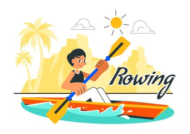 İnsanlar Aktif Su Sporlarının Düz Tarzlı Arkaplanda Bir Parçası Olarak Kanolar ve Bir Nehir veya Göl Üzerinde Yelkenli Resimlerin Zevkini Çıkartıyor