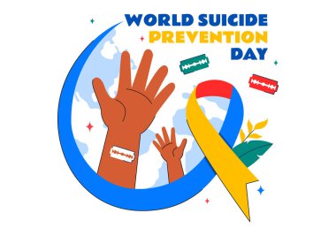 Dünya İntiharı Önleme Günü Vektör İlülasyonu, 10 Eylül 'de, Düz Arkaplanda İntiharı Önlemek İçin Bir İp ve Yardım Elleri Gösterildi