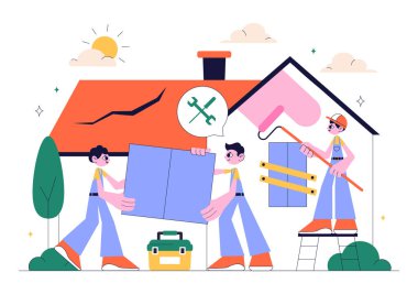 Ev Yenileme veya Onarım Hizmetleri Vektör İllüstrasyonunda Temizlik ve Tamir İşçileri Ekibi İnşaat, Boya ve Bir Ev Bakımı