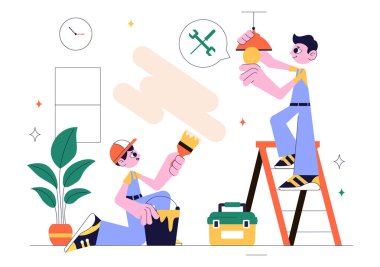 Ev Yenileme veya Onarım Hizmetleri Vektör İllüstrasyonunda Temizlik ve Tamir İşçileri Ekibi İnşaat, Boya ve Bir Ev Bakımı