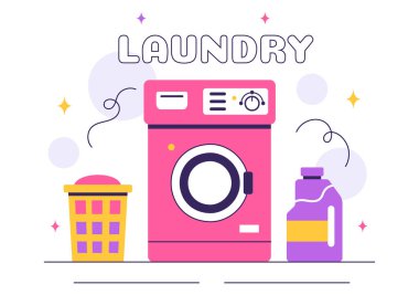 Çamaşır Odası Vektör İllüstrasyonunda Çamaşır ve Kurutma Makineleri Düz Tarzlı Çizgi Film Arkaplanındaki Kirli Giysilerle Dolu Sepet