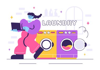 Çamaşır Odası Vektör İllüstrasyonunda Çamaşır ve Kurutma Makineleri Düz Tarzlı Çizgi Film Arkaplanındaki Kirli Giysilerle Dolu Sepet