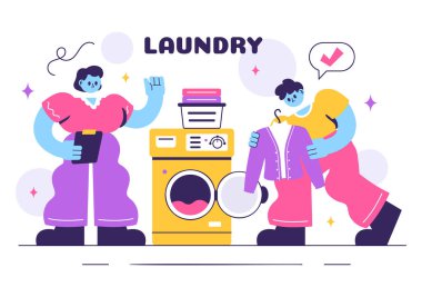 Çamaşır Odası Vektör İllüstrasyonunda Çamaşır ve Kurutma Makineleri Düz Tarzlı Çizgi Film Arkaplanındaki Kirli Giysilerle Dolu Sepet