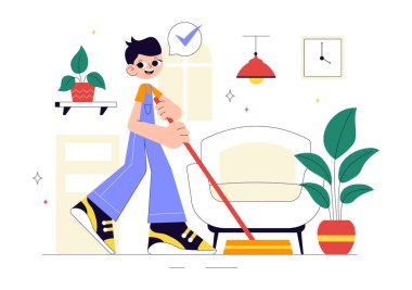 Ev Temizleme Hizmetleri Vektörü İllüstrasyonunda Temizlik İşçileri Temizleme, Temizleme, Temizleme, Cam Temizleme ve Düz Tarzlı Arkaplanda Daha Fazla