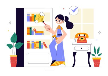 Ev Temizleme Hizmetleri Vektörü İllüstrasyonunda Temizlik İşçileri Temizleme, Temizleme, Temizleme, Cam Temizleme ve Düz Tarzlı Arkaplanda Daha Fazla