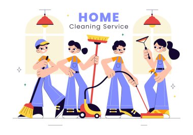 Ev Temizleme Hizmetleri Vektörü İllüstrasyonunda Temizlik İşçileri Temizleme, Temizleme, Temizleme, Cam Temizleme ve Düz Tarzlı Arkaplanda Daha Fazla