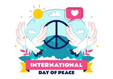 Dünya Çevresinde Refahı Düz Bir Arkaplanda Desteklemek İçin Eller, Güvercin, Dünya ve Mavi Gök Gösterisini Destekleyen Uluslararası Barış Günü Vektör Resimleri